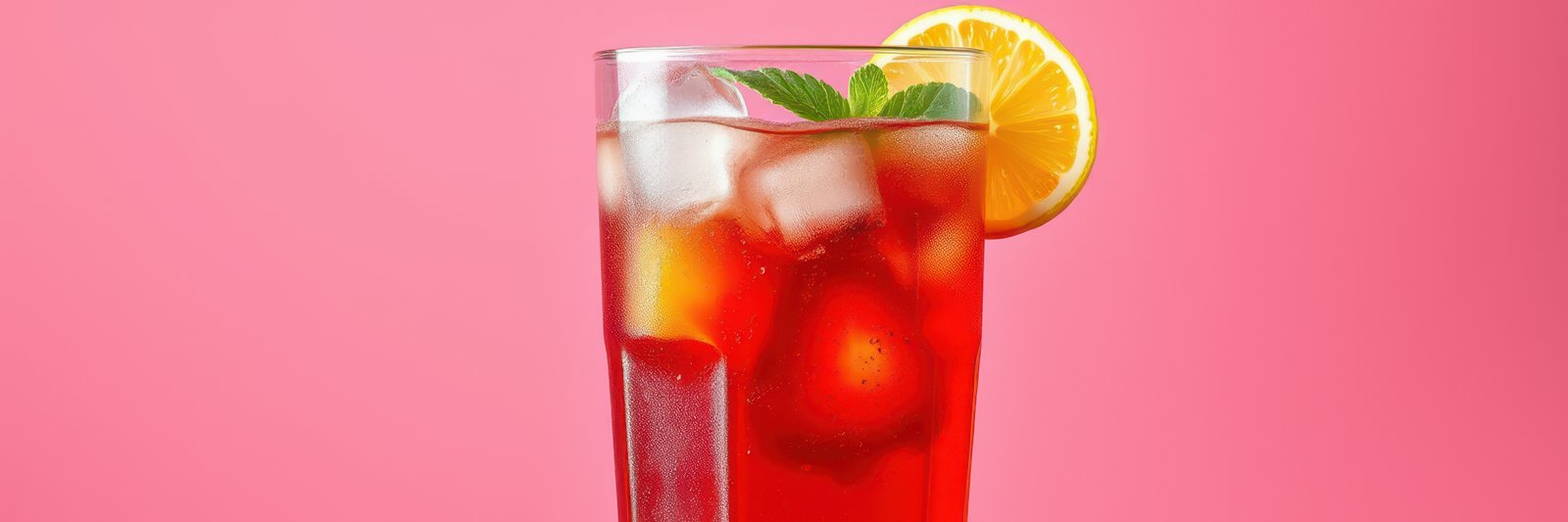 Refreshing summer beverage served in a tall glass with ice, garnished with a lemon slice and mint leaves against a pink background